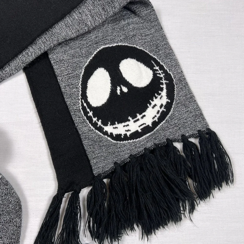 Disney NBC Jack Skellington Beanie Scarf Set Pom Pom Gothic Accessory Patchwork